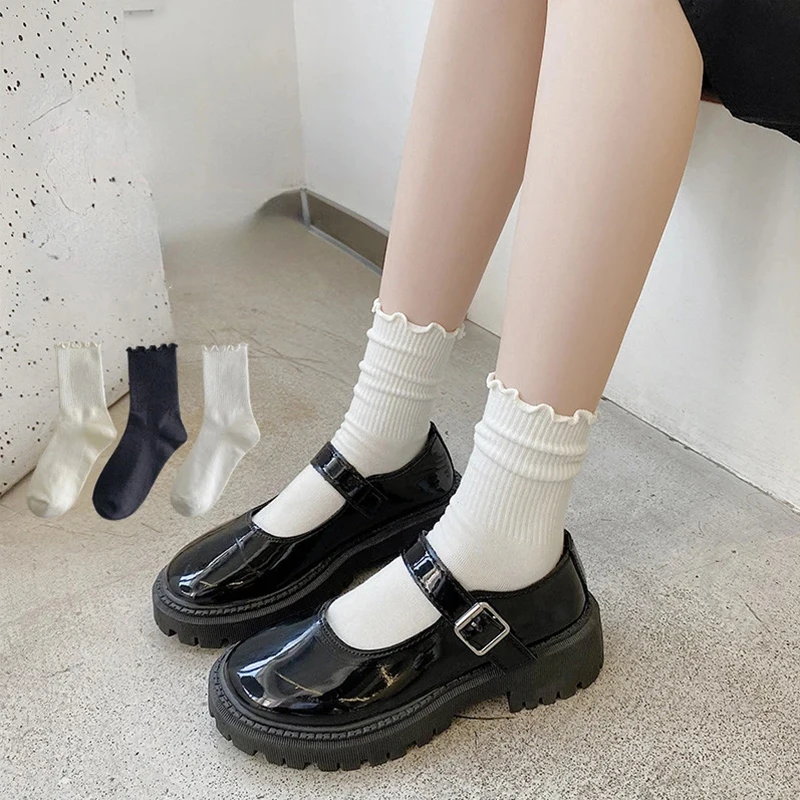 5 pair /Lot Socks for Women Ruffle Cotton Middle Tube Ankle Short Breathable Black White set Spring Autumn thumbnail 2