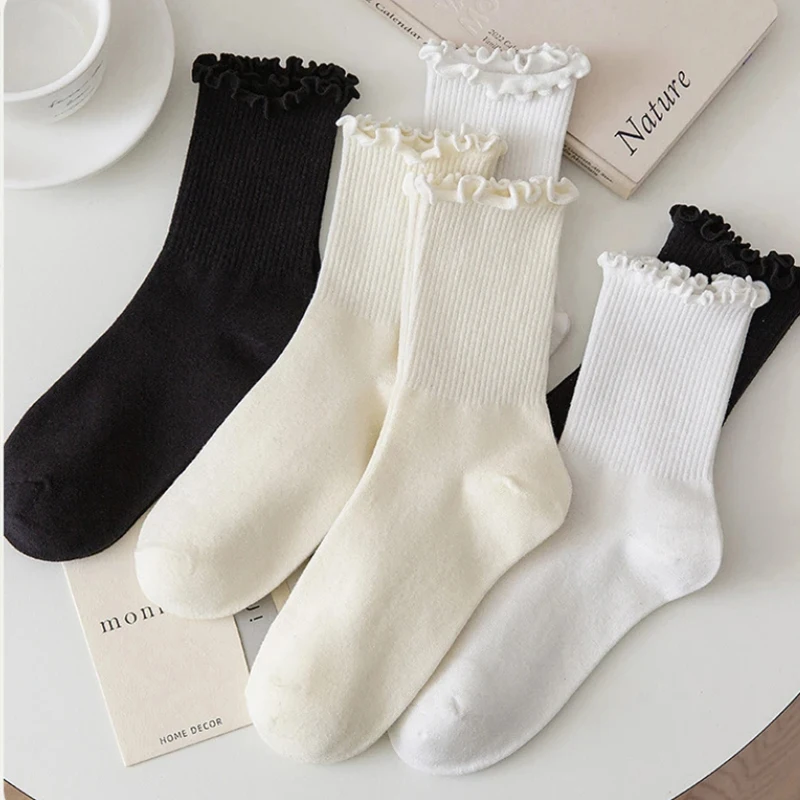 5 pair /Lot Socks for Women Ruffle Cotton Middle Tube Ankle Short Breathable Black White set Spring Autumn thumbnail 3