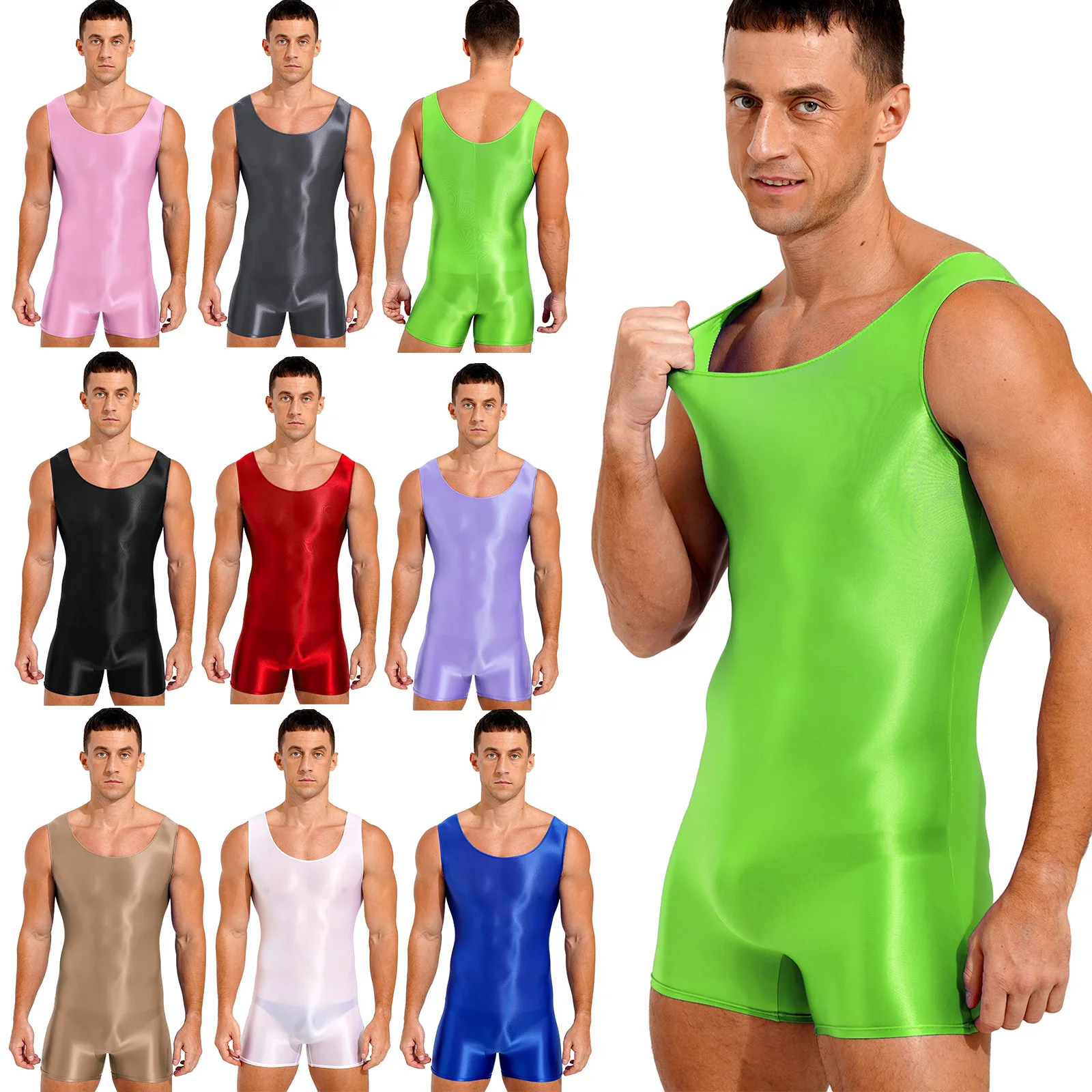 Mens Glossy Bodysuit One-piece Swimsuit Sleeveless Leotard Stretchy Jumpsuit Swimwear Gym Yoga Sports Fitness Unitard Sportswear thumbnail 2