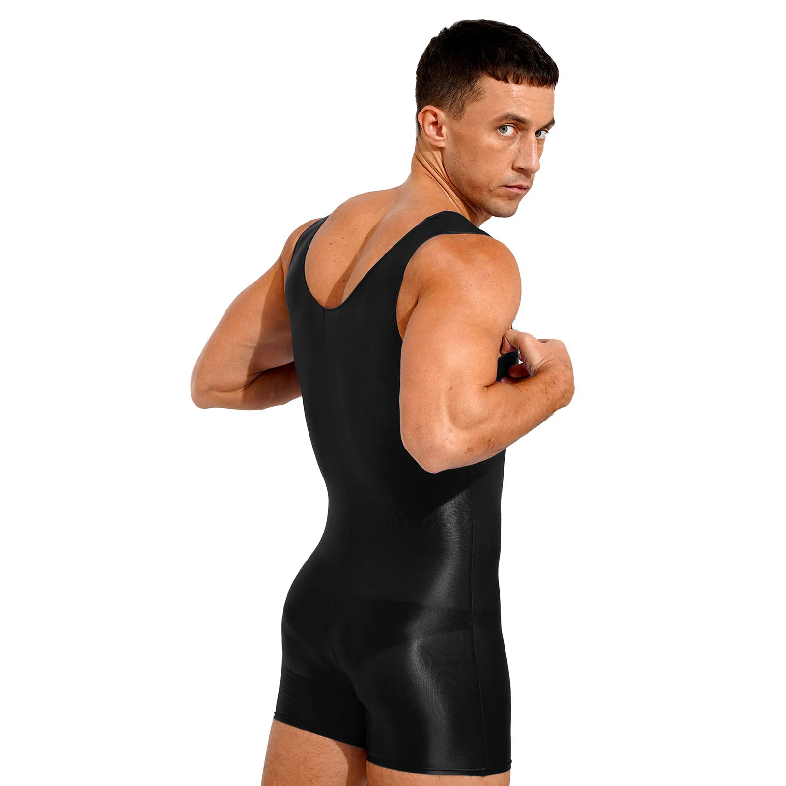 Mens Glossy Bodysuit One-piece Swimsuit Sleeveless Leotard Stretchy Jumpsuit Swimwear Gym Yoga Sports Fitness Unitard Sportswear thumbnail 5
