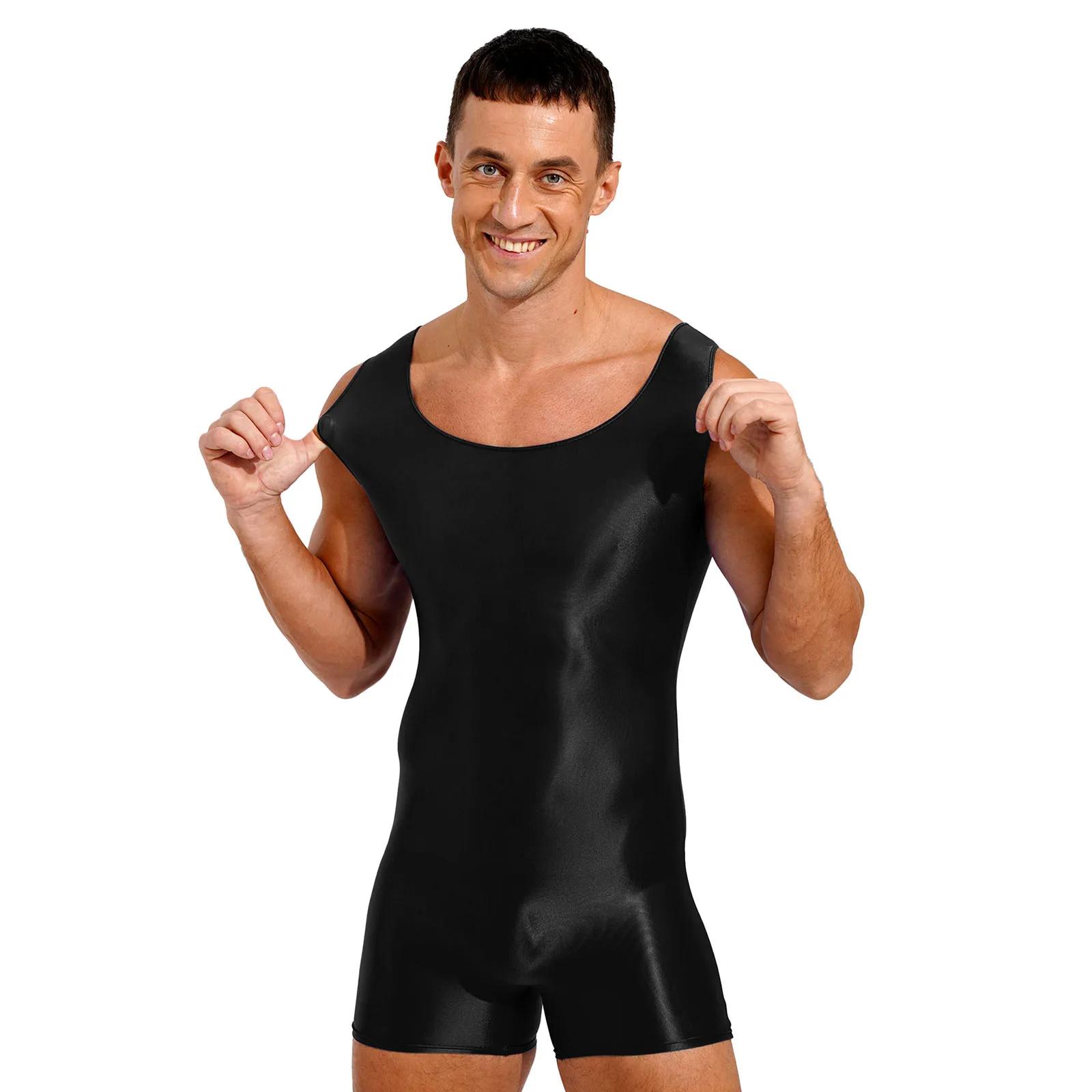 Mens Glossy Bodysuit One-piece Swimsuit Sleeveless Leotard Stretchy Jumpsuit Swimwear Gym Yoga Sports Fitness Unitard Sportswear thumbnail 3
