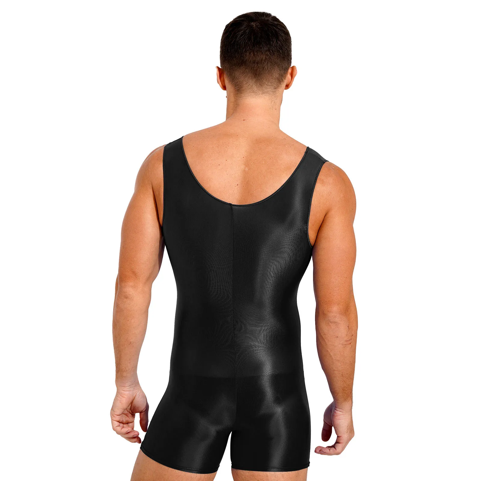 Mens Glossy Bodysuit One-piece Swimsuit Sleeveless Leotard Stretchy Jumpsuit Swimwear Gym Yoga Sports Fitness Unitard Sportswear thumbnail 6