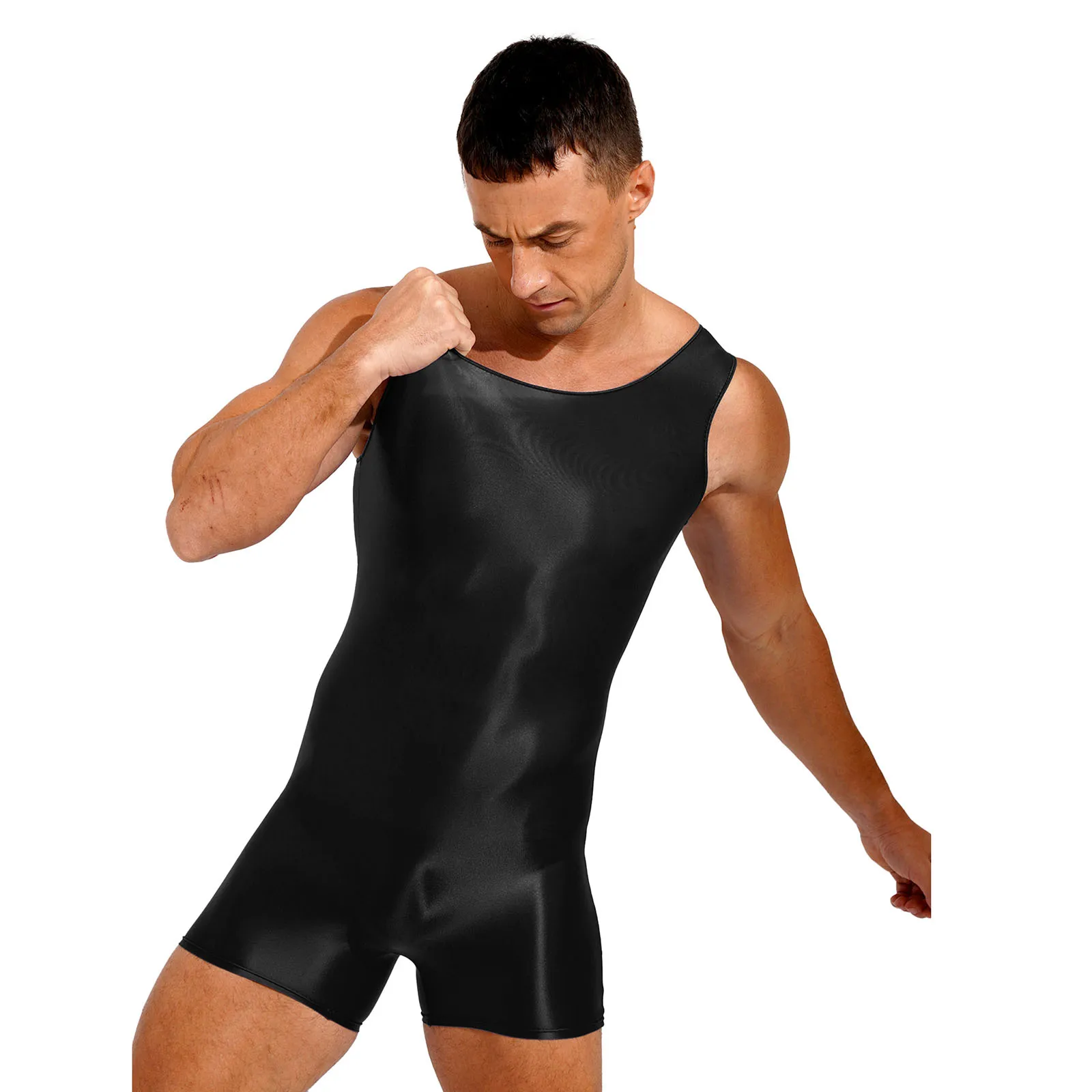 Mens Glossy Bodysuit One-piece Swimsuit Sleeveless Leotard Stretchy Jumpsuit Swimwear Gym Yoga Sports Fitness Unitard Sportswear thumbnail 4