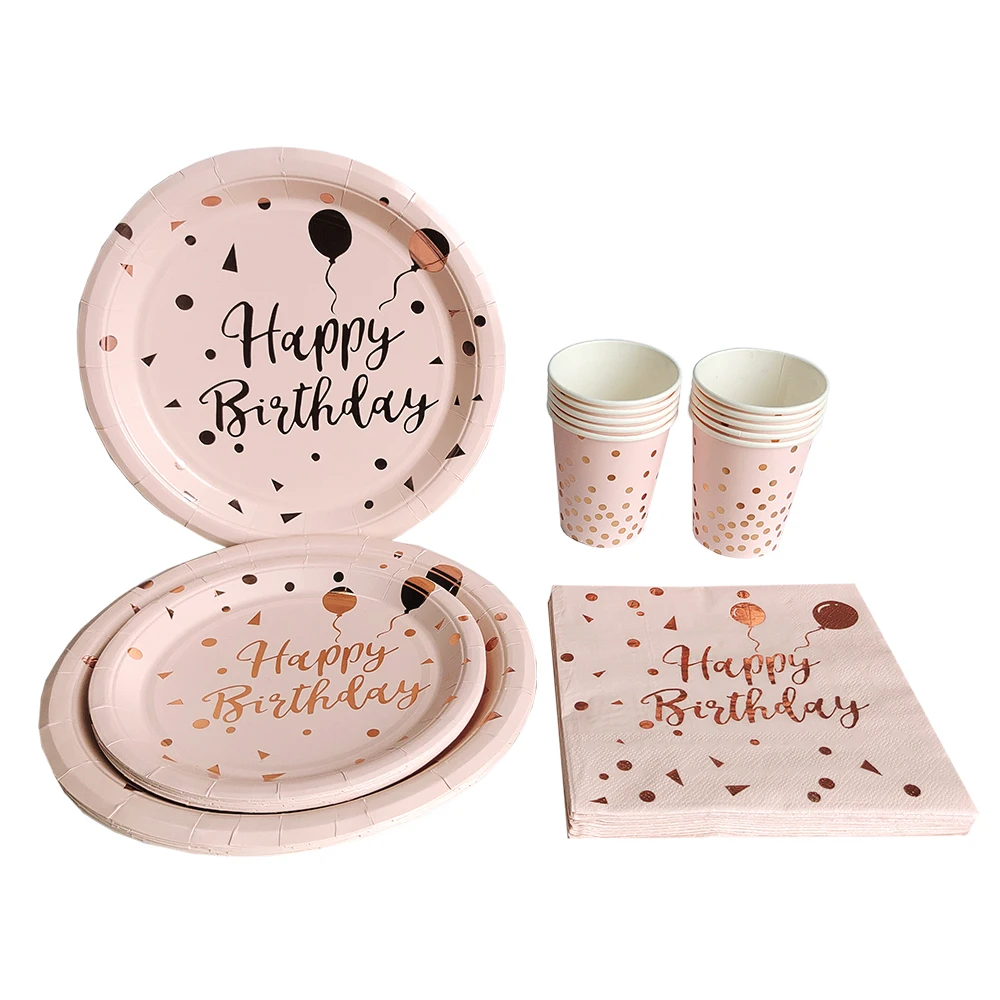 Birthday Disposable Tableware Set Pink Rose Gold White Plates Cups Napkins Tablecloth Girl Birthday Party Decoration Baby Shower thumbnail 5