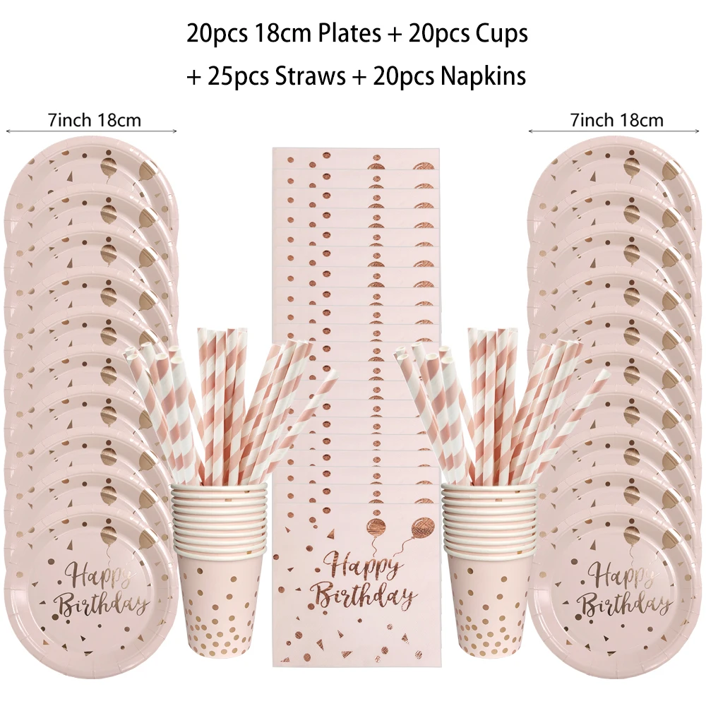Birthday Disposable Tableware Set Pink Rose Gold White Plates Cups Napkins Tablecloth Girl Birthday Party Decoration Baby Shower thumbnail 2