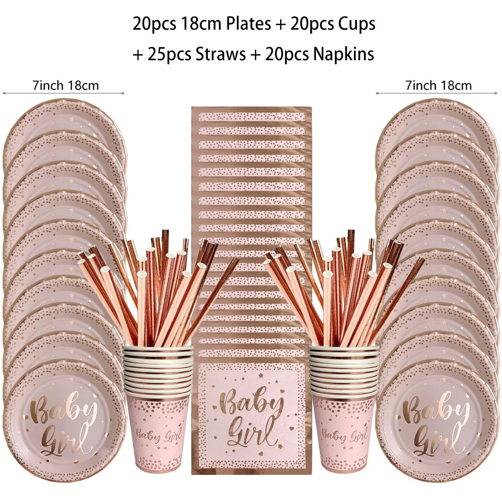 Birthday Disposable Tableware Set Pink Rose Gold White Plates Cups Napkins Tablecloth Girl Birthday Party Decoration Baby Shower thumbnail 4