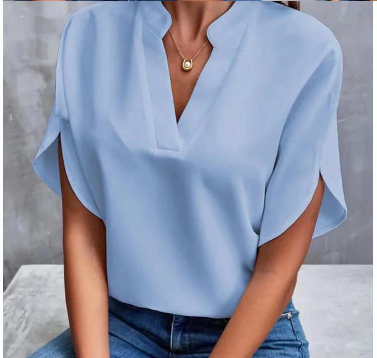 Summer Elegant Women's Blouse New V-neck Short Sleeve Solid Color Loose Shirt Casual White Tops Office Lady Blouses thumbnail 2