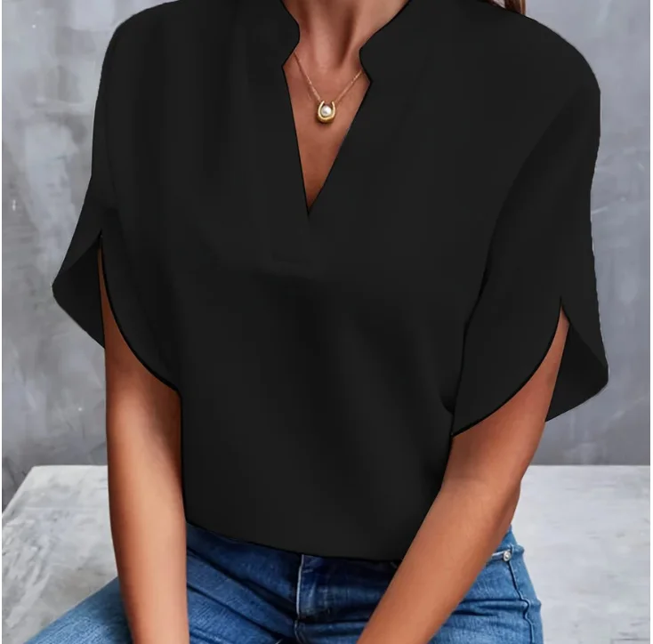 Summer Elegant Women's Blouse New V-neck Short Sleeve Solid Color Loose Shirt Casual White Tops Office Lady Blouses thumbnail 3