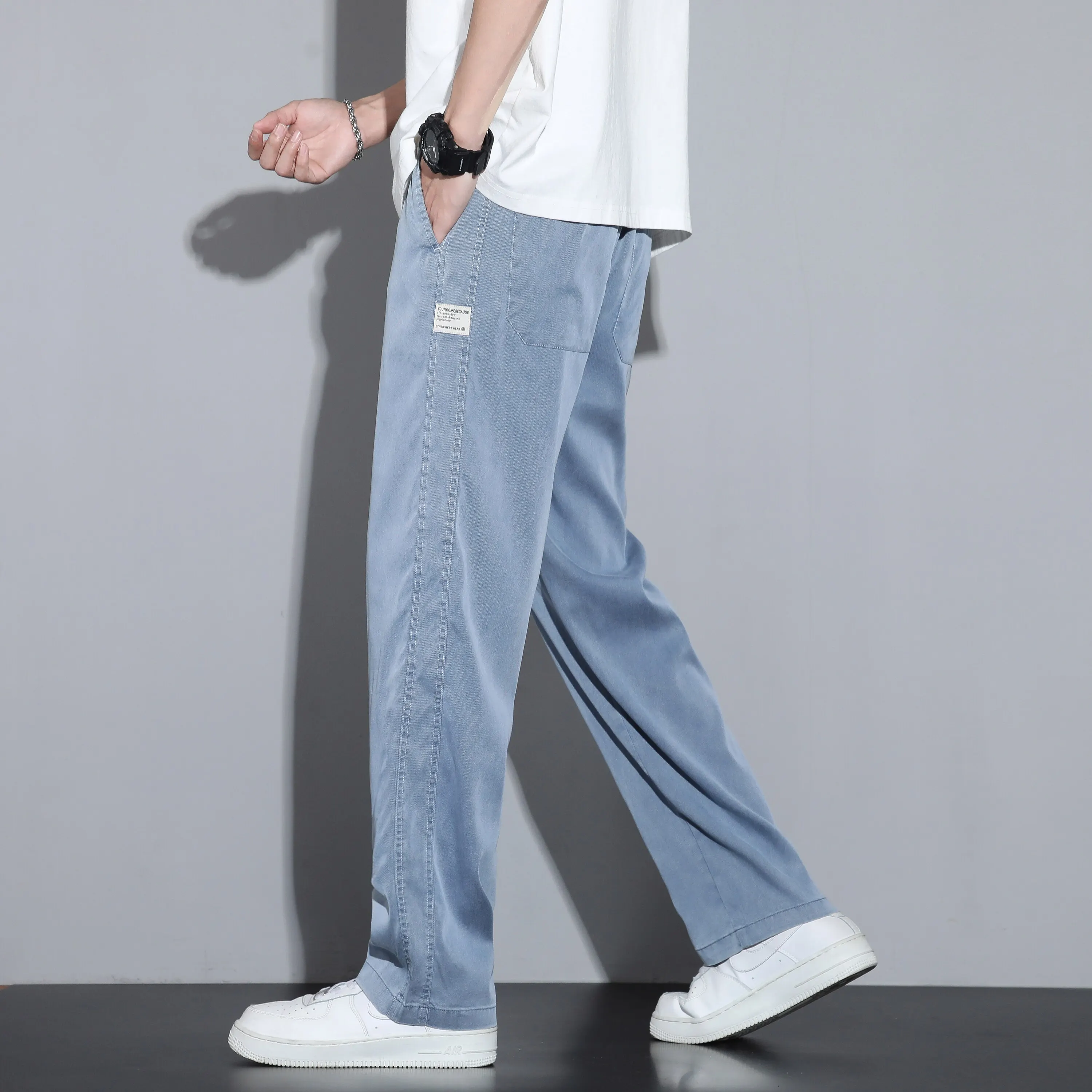 Summer Soft Lyocell Fabric Men's Jeans Thin Loose Straight Pants Drawstring Elastic Waist Korea Casual Trousers Plus Size M-5XL thumbnail 2