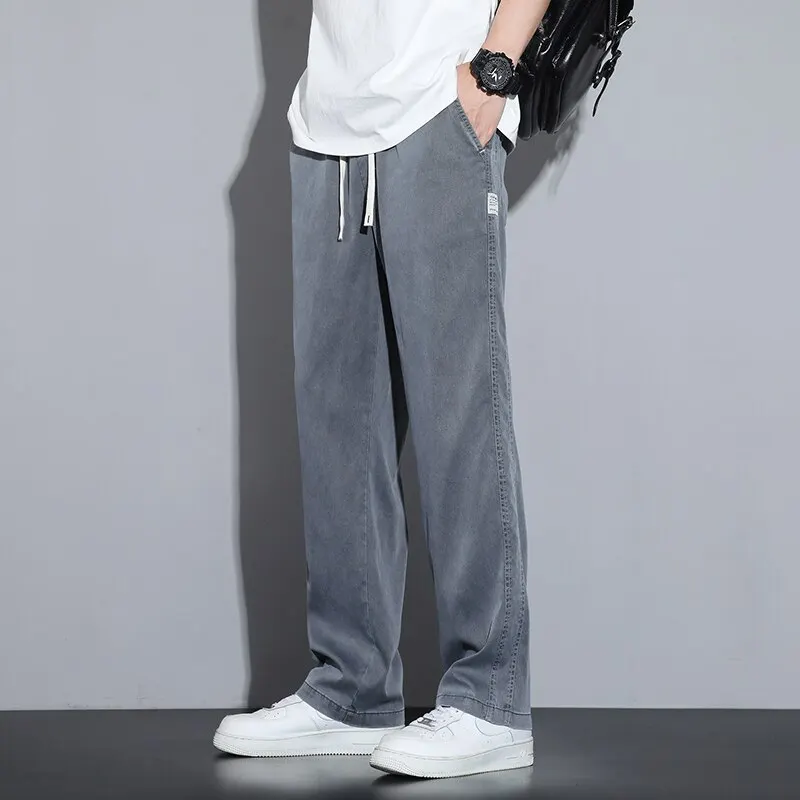 Summer Soft Lyocell Fabric Men's Jeans Thin Loose Straight Pants Drawstring Elastic Waist Korea Casual Trousers Plus Size M-5XL thumbnail 3