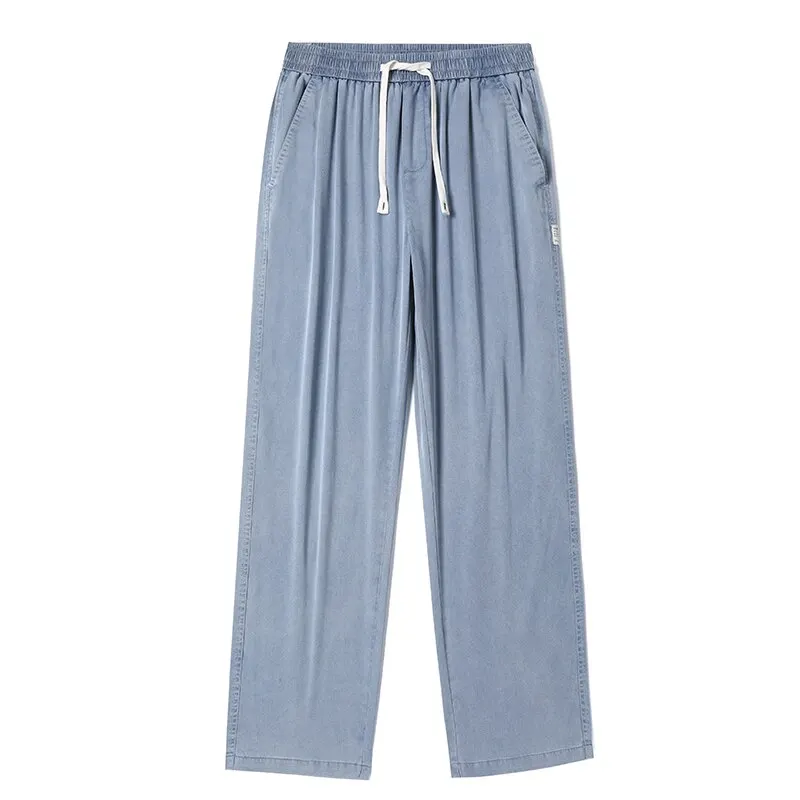 Summer Soft Lyocell Fabric Men's Jeans Thin Loose Straight Pants Drawstring Elastic Waist Korea Casual Trousers Plus Size M-5XL thumbnail 5