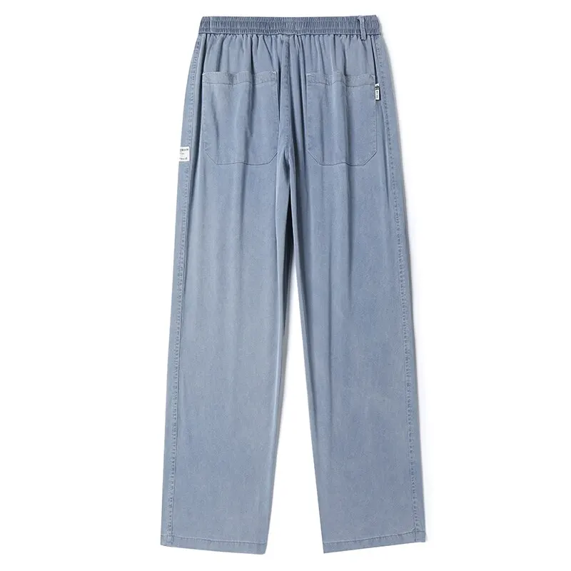 Summer Soft Lyocell Fabric Men's Jeans Thin Loose Straight Pants Drawstring Elastic Waist Korea Casual Trousers Plus Size M-5XL thumbnail 6