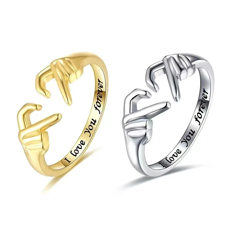 Romantic Heart Hand Hug Ring for Women Men I Love You Forever Couple Adjustable Finger Ring Wedding Party Dating Jewelry Gifts thumbnail 3