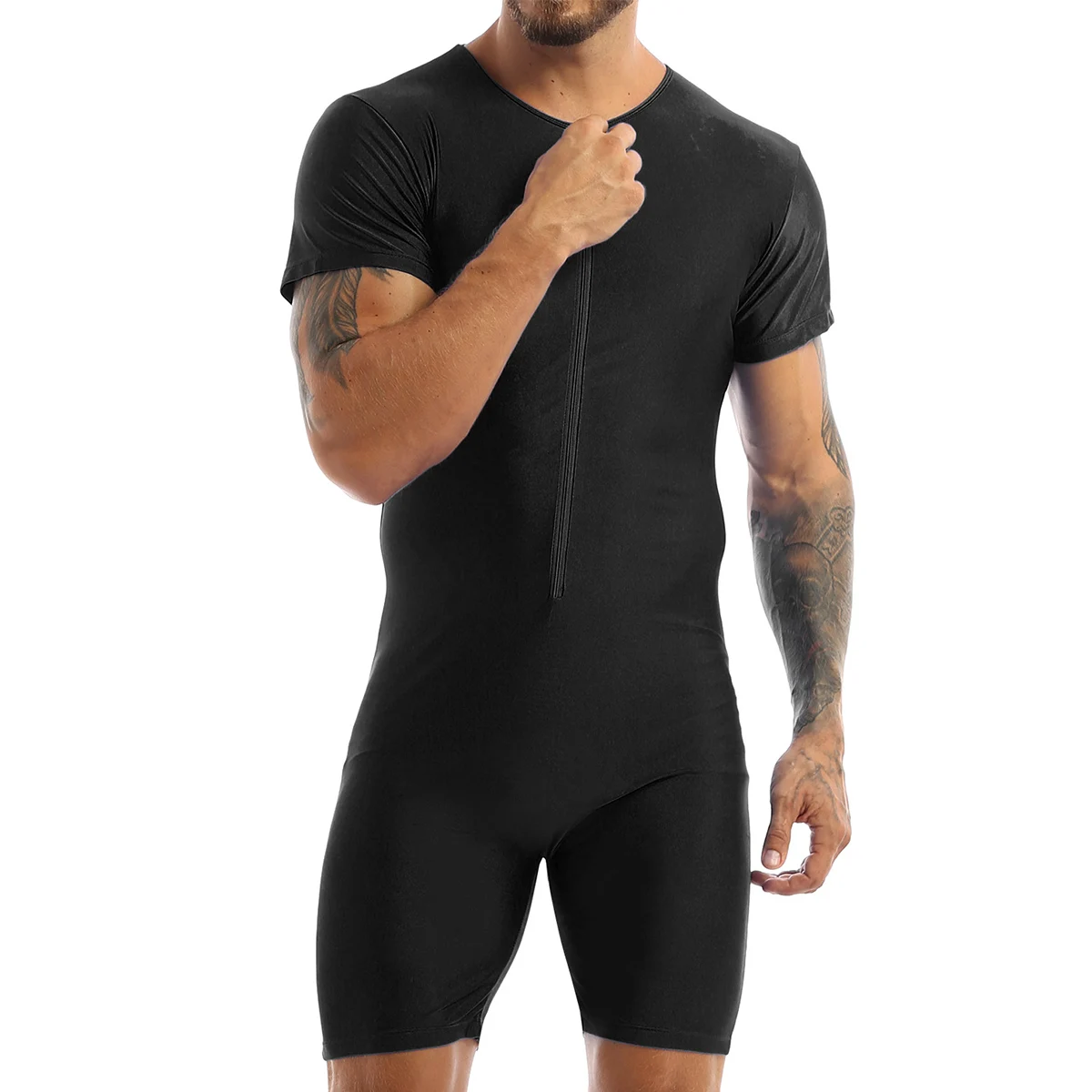 Mens One-piece Swimwear Short Sleeve Zipper Glossy Soft Boxer Bodysuit Swimsuit Beach Pool Party Bathing Suit Rash Guard Wetsuit thumbnail 3