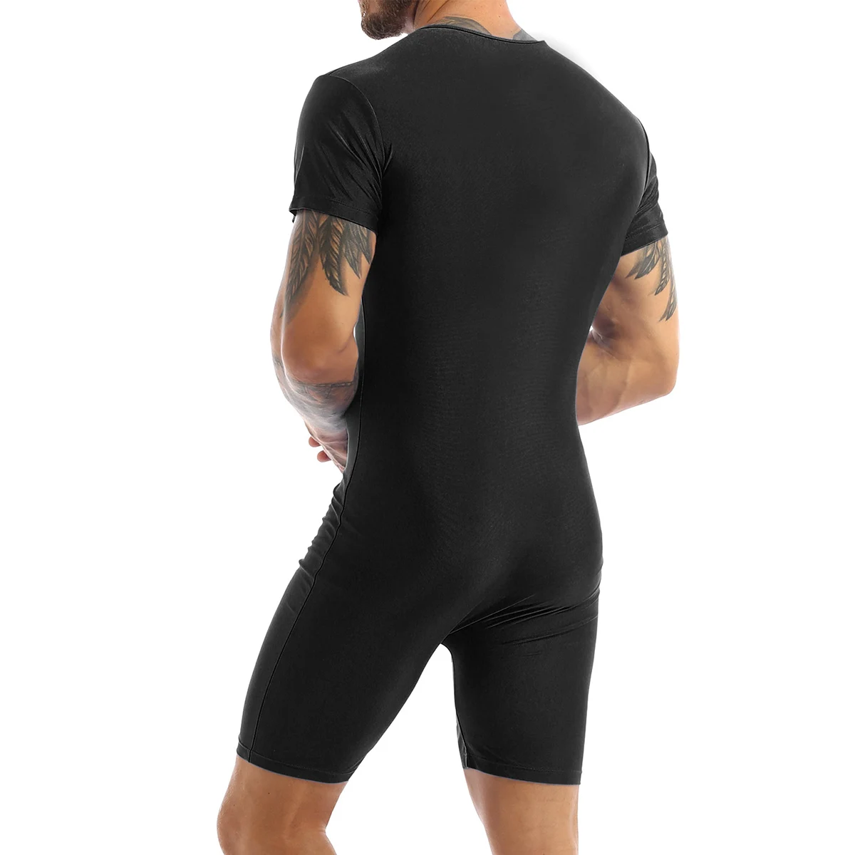 Mens One-piece Swimwear Short Sleeve Zipper Glossy Soft Boxer Bodysuit Swimsuit Beach Pool Party Bathing Suit Rash Guard Wetsuit thumbnail 2