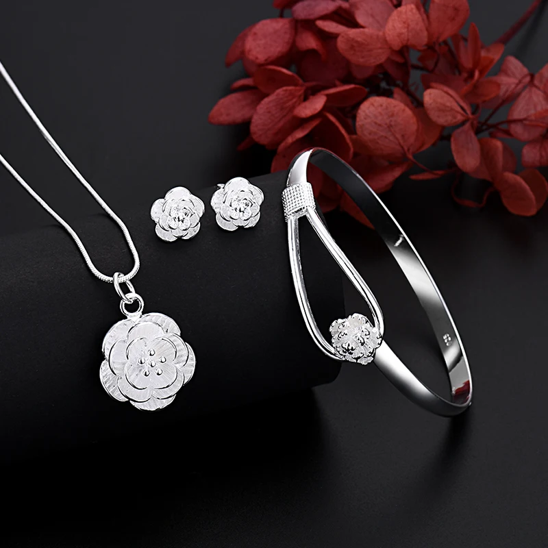 Fine 925 Sterling Silver Charm Flower Necklace Earring Bangle Jewelry for Women Retro Set Wedding Gift TRENDY Lovely thumbnail 2