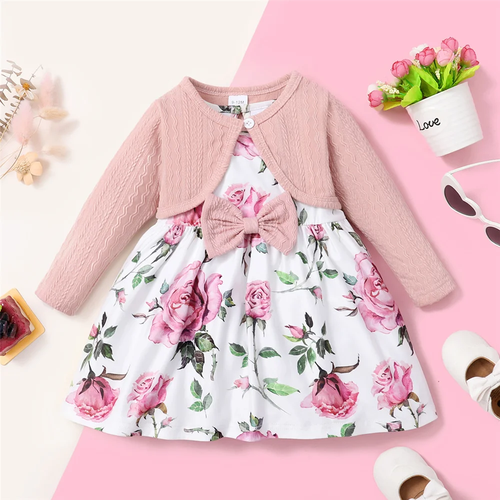0-3 Years Toddler Baby Girl 2PCS Dress Set Plain Color Ribbed Overcoat+Floral Sleeveless Dress Fashion Lovely Style Party Wear thumbnail 2