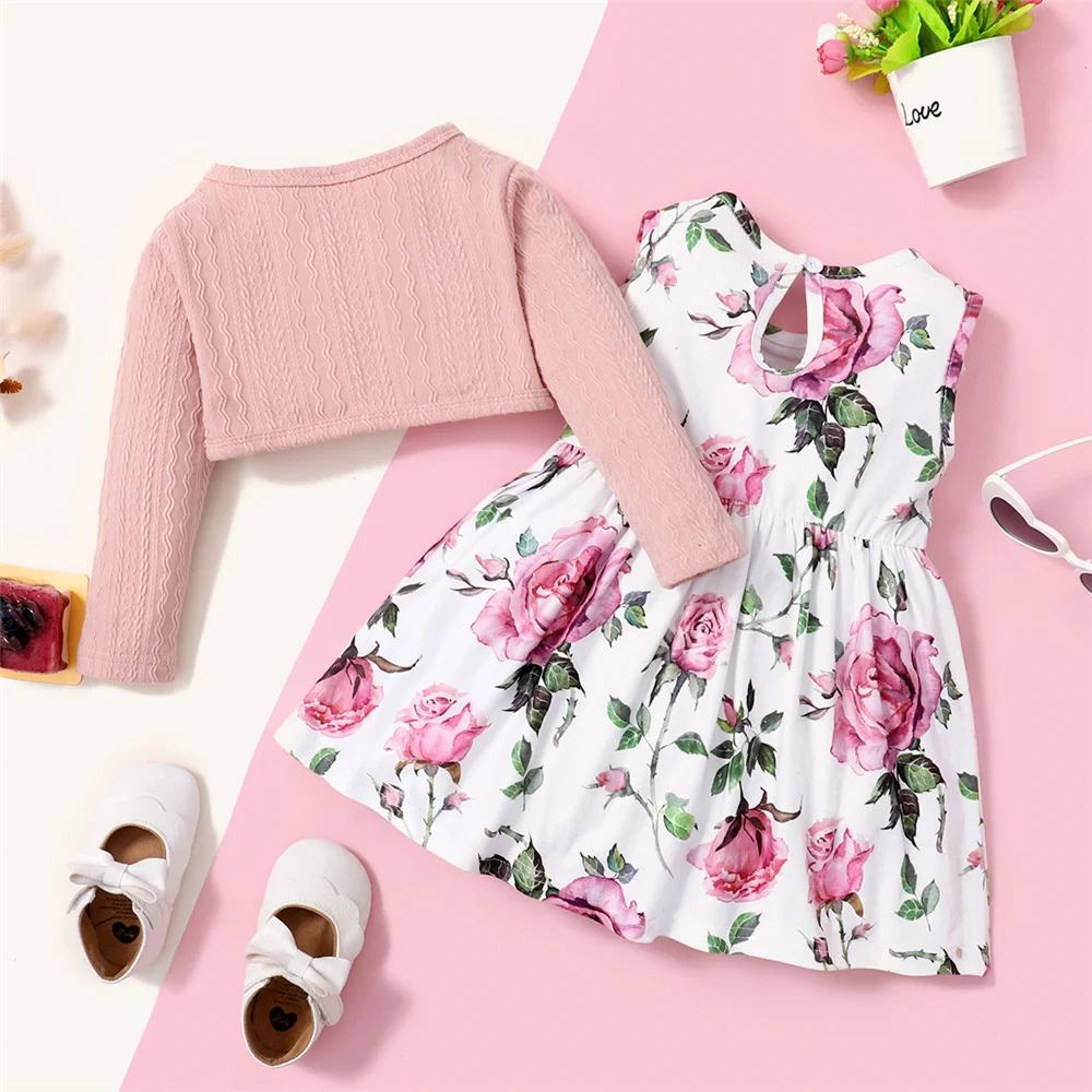 0-3 Years Toddler Baby Girl 2PCS Dress Set Plain Color Ribbed Overcoat+Floral Sleeveless Dress Fashion Lovely Style Party Wear thumbnail 6
