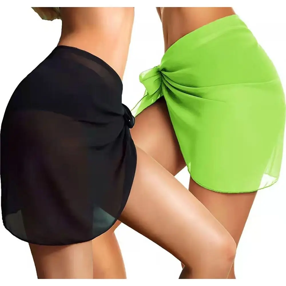 Summer Women Short Solid Sarong Swimsuit Coverups Beach Bikini Wrap Sheer Short Skirt Chiffon Skirt Scarf Swimwear Cover-ups thumbnail 4