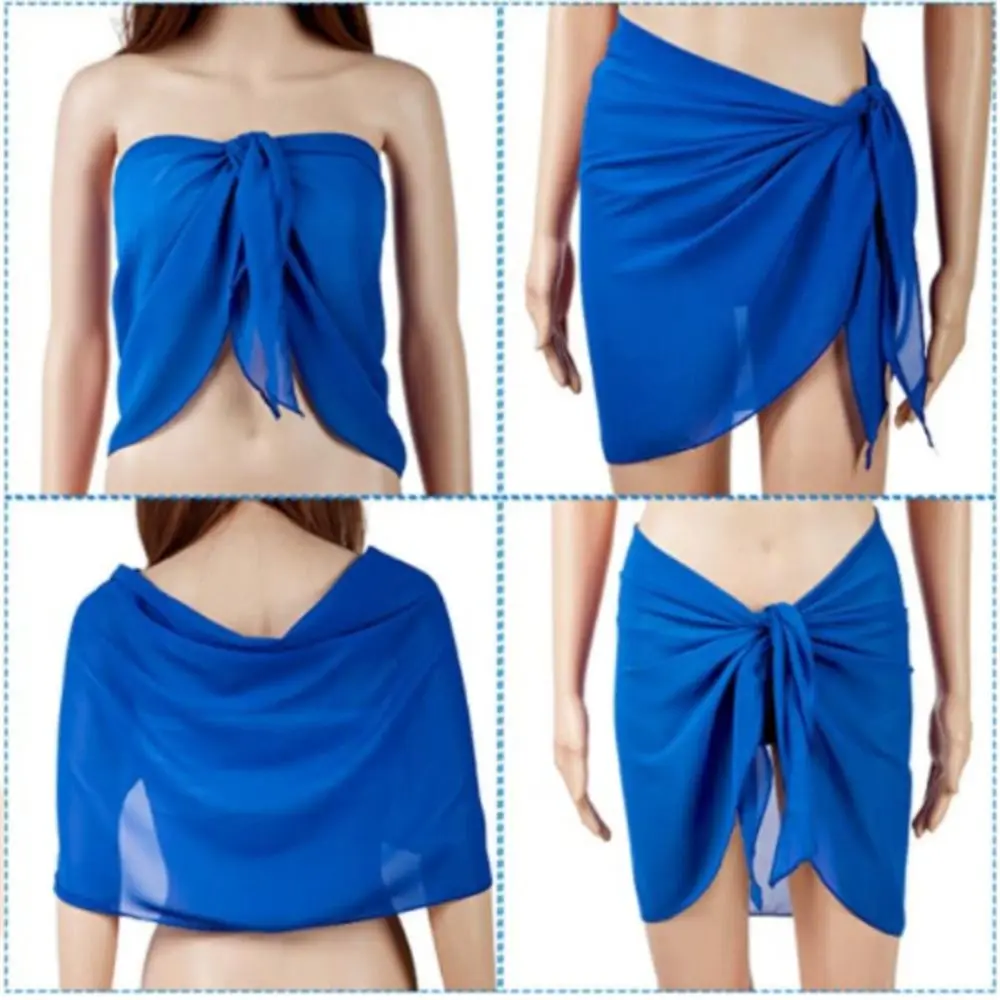 Summer Women Short Solid Sarong Swimsuit Coverups Beach Bikini Wrap Sheer Short Skirt Chiffon Skirt Scarf Swimwear Cover-ups thumbnail 6