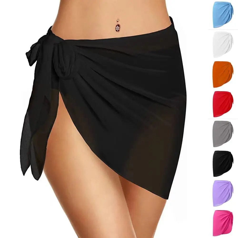 Summer Women Short Solid Sarong Swimsuit Coverups Beach Bikini Wrap Sheer Short Skirt Chiffon Skirt Scarf Swimwear Cover-ups thumbnail 3