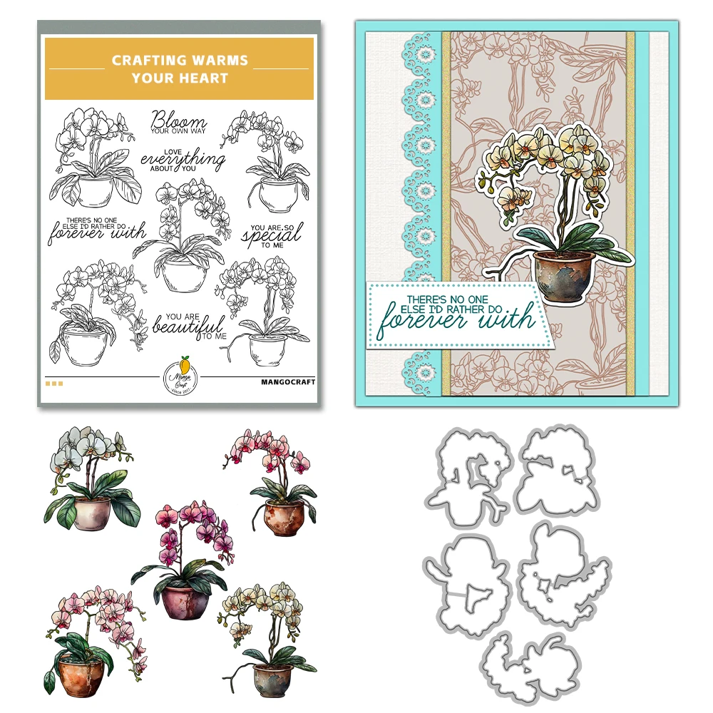 Mangocraft Blooming Potted Flowers Orchid Cutting Dies Clear Stamp DIY Scrapbooking Metal Dies Silicone Stamps For Cards Album thumbnail 2