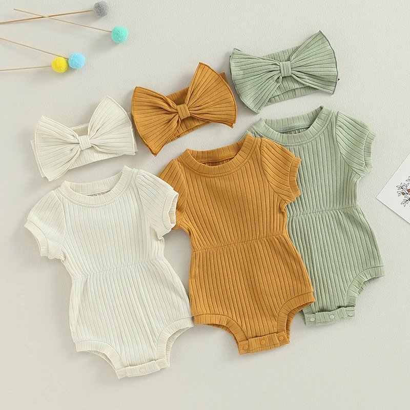 Newborn Baby Girl 2 Pcs Jumpsuits Clothing Suit Infant Summer Short Sleeve Knitted Romper with Bow Headband Set Toddler Clothes
