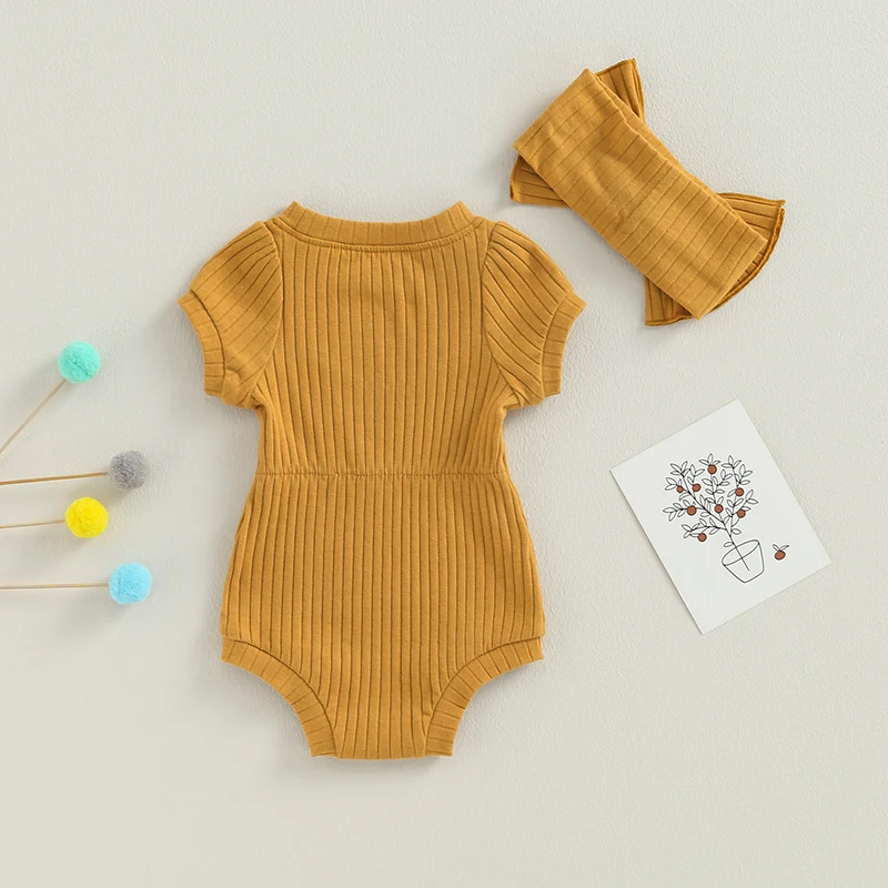 Newborn Baby Girl 2 Pcs Jumpsuits Clothing Suit Infant Summer Short Sleeve Knitted Romper with Bow Headband Set Toddler Clothes thumbnail 3