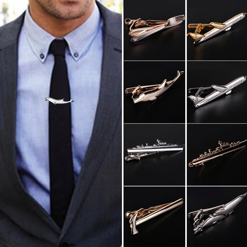 Men Alloy Metal Gold Color Tie Clips Clasp Cufflinks Steamship Dolphin Airplane Tie Bar Wedding Party Jewelry Pin thumbnail 2