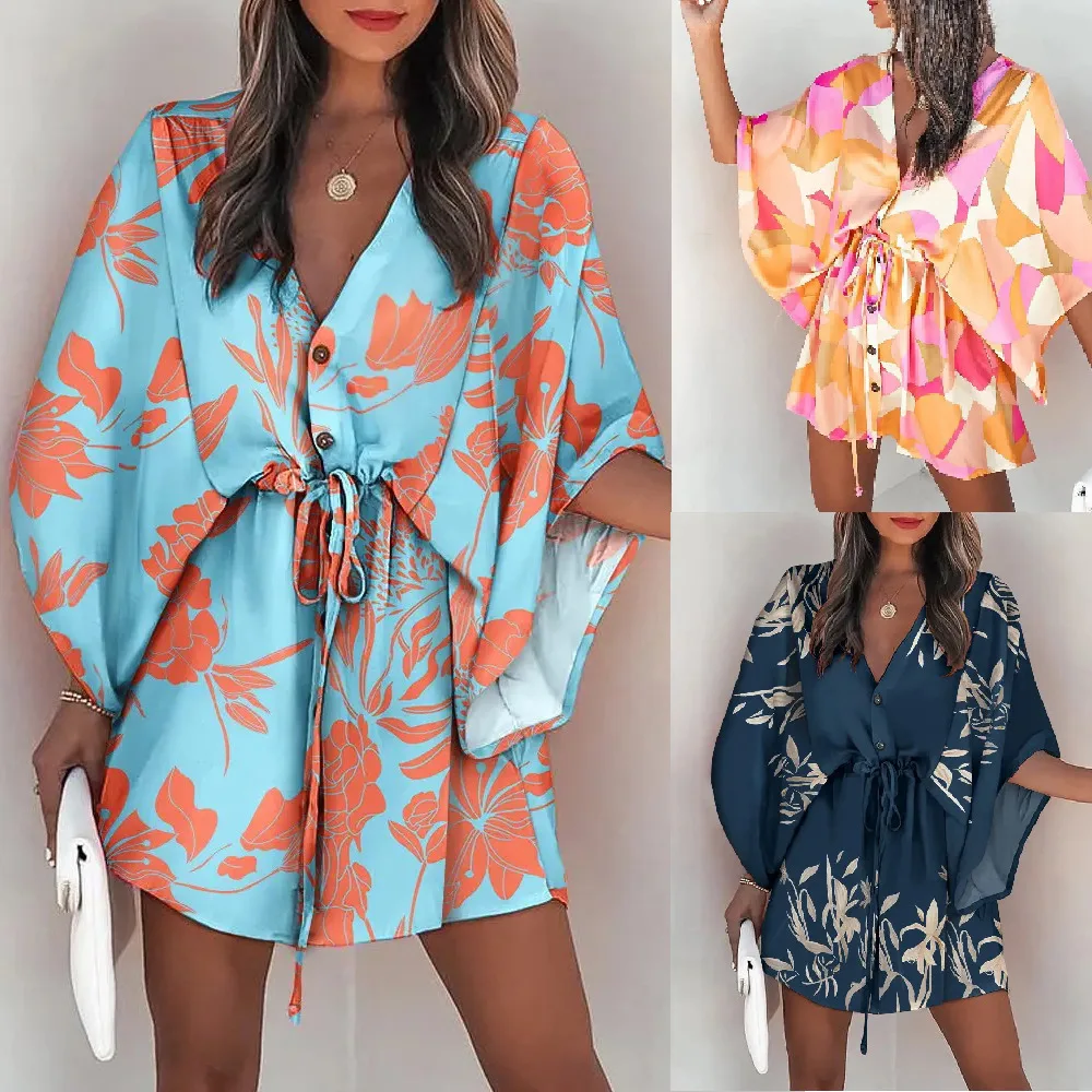 Boho Mini Dress Sexy Floral Print Shirt Dress V-neck Casual Loose Beach Party Dress Summer Oversized Holiday Short Vestido thumbnail 2