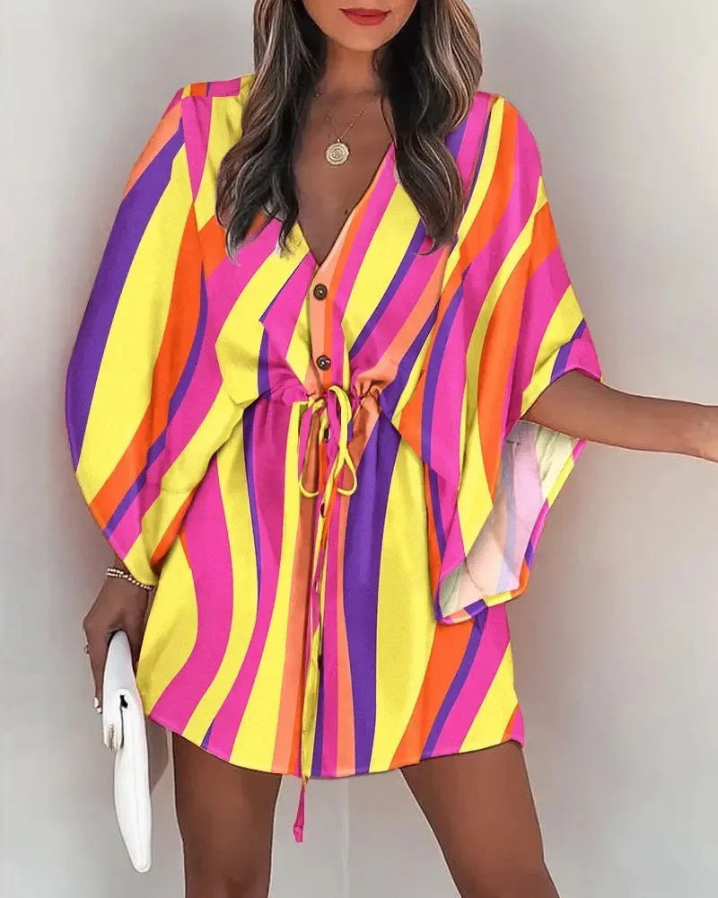 Boho Mini Dress Sexy Floral Print Shirt Dress V-neck Casual Loose Beach Party Dress Summer Oversized Holiday Short Vestido thumbnail 6