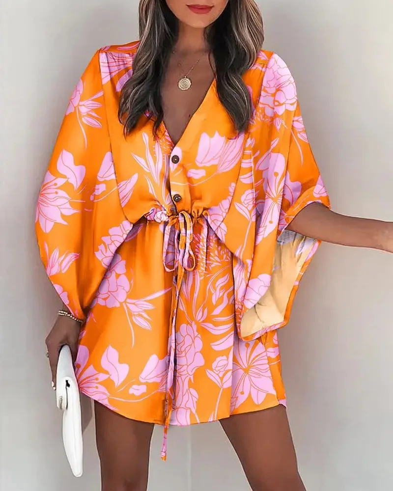 Boho Mini Dress Sexy Floral Print Shirt Dress V-neck Casual Loose Beach Party Dress Summer Oversized Holiday Short Vestido thumbnail 4