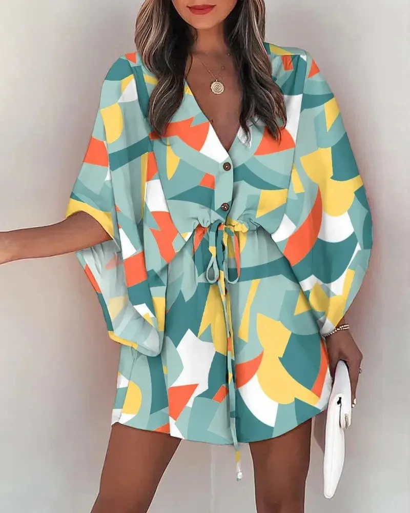 Boho Mini Dress Sexy Floral Print Shirt Dress V-neck Casual Loose Beach Party Dress Summer Oversized Holiday Short Vestido thumbnail 5