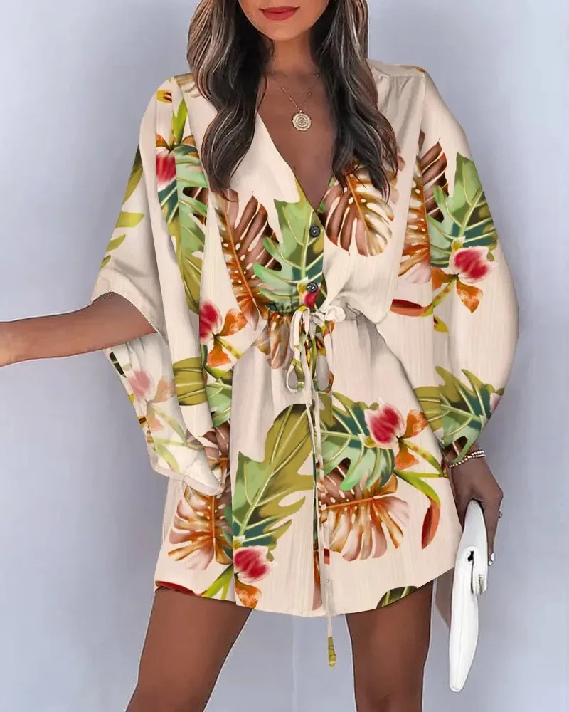 Boho Mini Dress Sexy Floral Print Shirt Dress V-neck Casual Loose Beach Party Dress Summer Oversized Holiday Short Vestido thumbnail 3