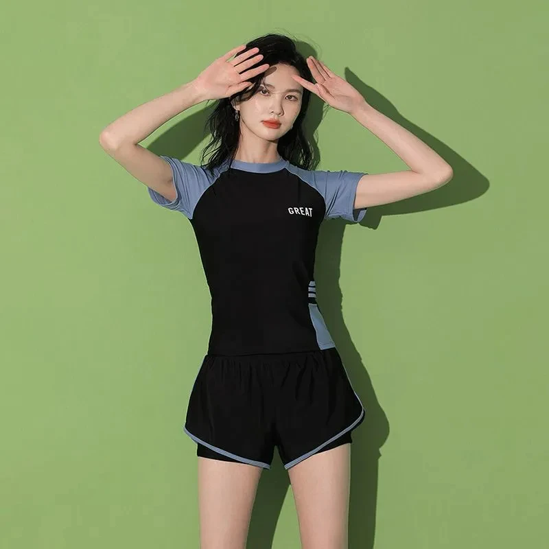 Fashion Women's Swimming Suit Ladies Patchwork Short Sleeve Swimwear 2023 Sports Pool Beachwear Two Piece Swimsuit With Shorts thumbnail 2
