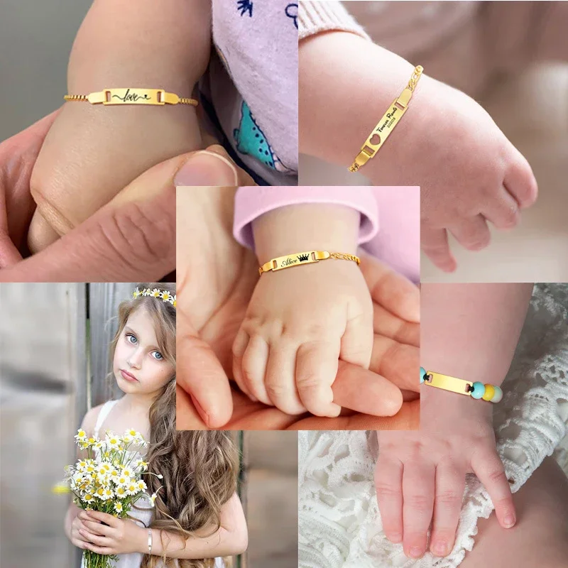 Personalize Baby Name Bracelets Non Allergy Stainless Steel Infant Baptism Bangle Jewelry Custom Boy Girl Family Love Gifts thumbnail 3