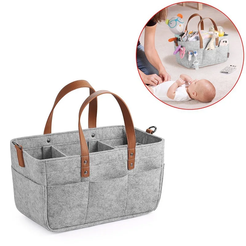 Baby Felt Storage Nursery Organizer Basket Infant Diaper Bag with Handle Caddy Changing Nappy Kids Storage Carrier Large Pocket thumbnail 4