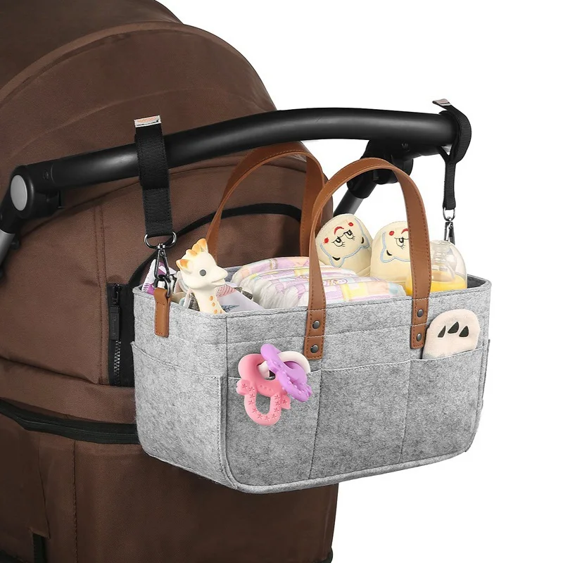 Baby Felt Storage Nursery Organizer Basket Infant Diaper Bag with Handle Caddy Changing Nappy Kids Storage Carrier Large Pocket thumbnail 2