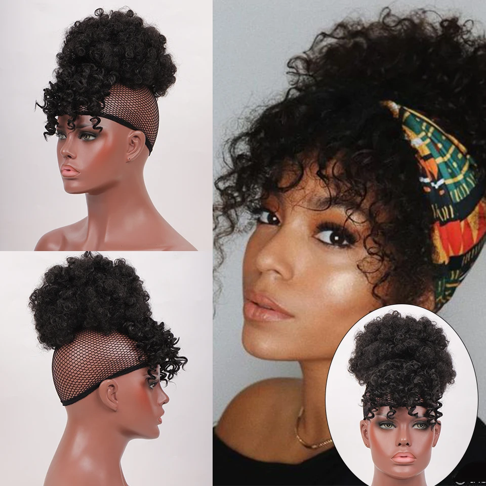 LUPU Synthetic Fake Hair Bun Hairpiece Hair Afro Chignon Scrunchies With Bangs Drawstring Ponytail For Black Women thumbnail 4