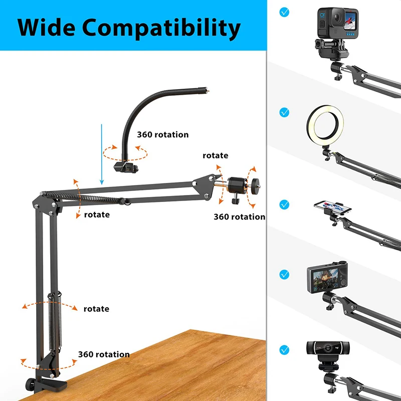 Overhead Tripod for Phone with Ring Light Desktop Cellphone Bracket for Video Shooting Table Mobile Mount for Filming Recording thumbnail 6