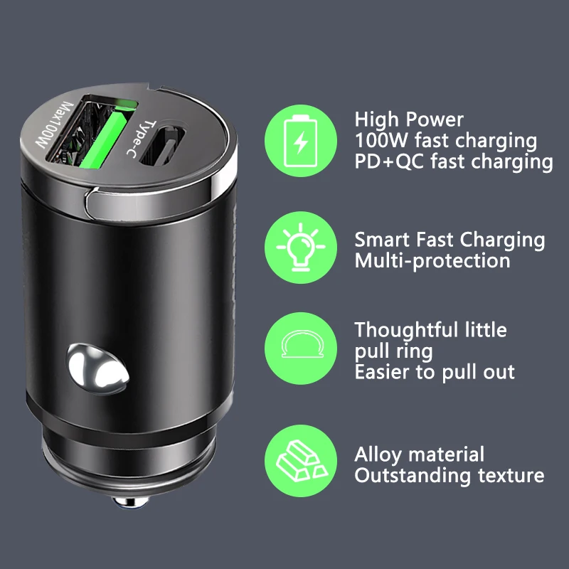 100W Mini Car Charger Lighter Fast Charging for iPhone QC3.0 Mini PD USB Type C Car Phone Charger for Xiaomi Samsung Huawei thumbnail 5