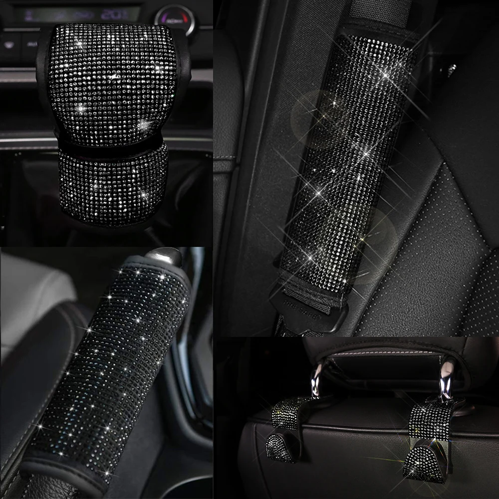 Black Diamond Crystal Car Gear Shift Cover Rhinestone Auto Shifter Hand Brake Cover Bling Car Interior Accessories Decorate thumbnail 2