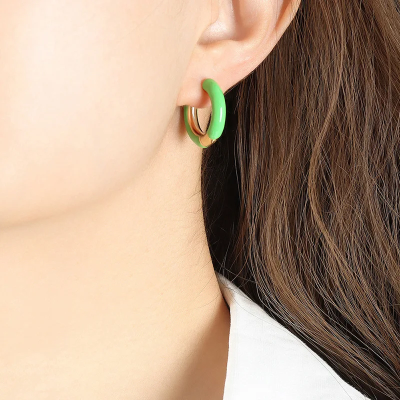 AENSOA Colorful Enamel Stainless Steel Hoop Earrings for Women Geometric Round Circle Earrings Trendy Gold Color Jewelry 2023 thumbnail 2