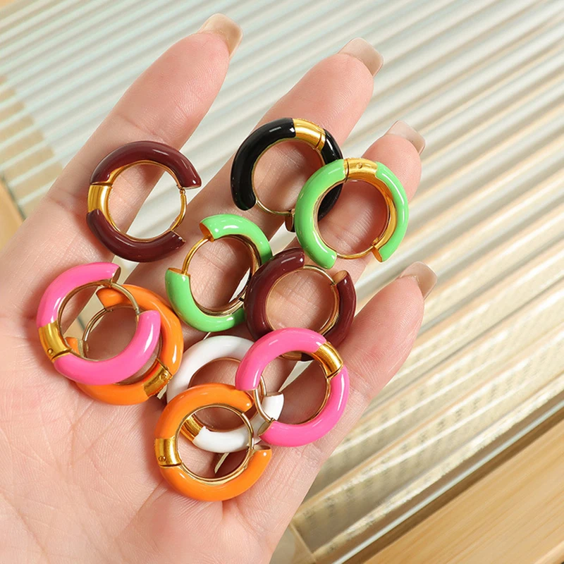 AENSOA Colorful Enamel Stainless Steel Hoop Earrings for Women Geometric Round Circle Earrings Trendy Gold Color Jewelry 2023 thumbnail 3