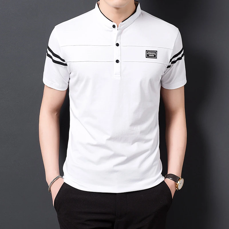 Men's Fashion Summer POLO T-shirt Casual Cotton Breathable Top Stand Up Neck Short Sleeve Korean Comfortable T-shirt thumbnail 2