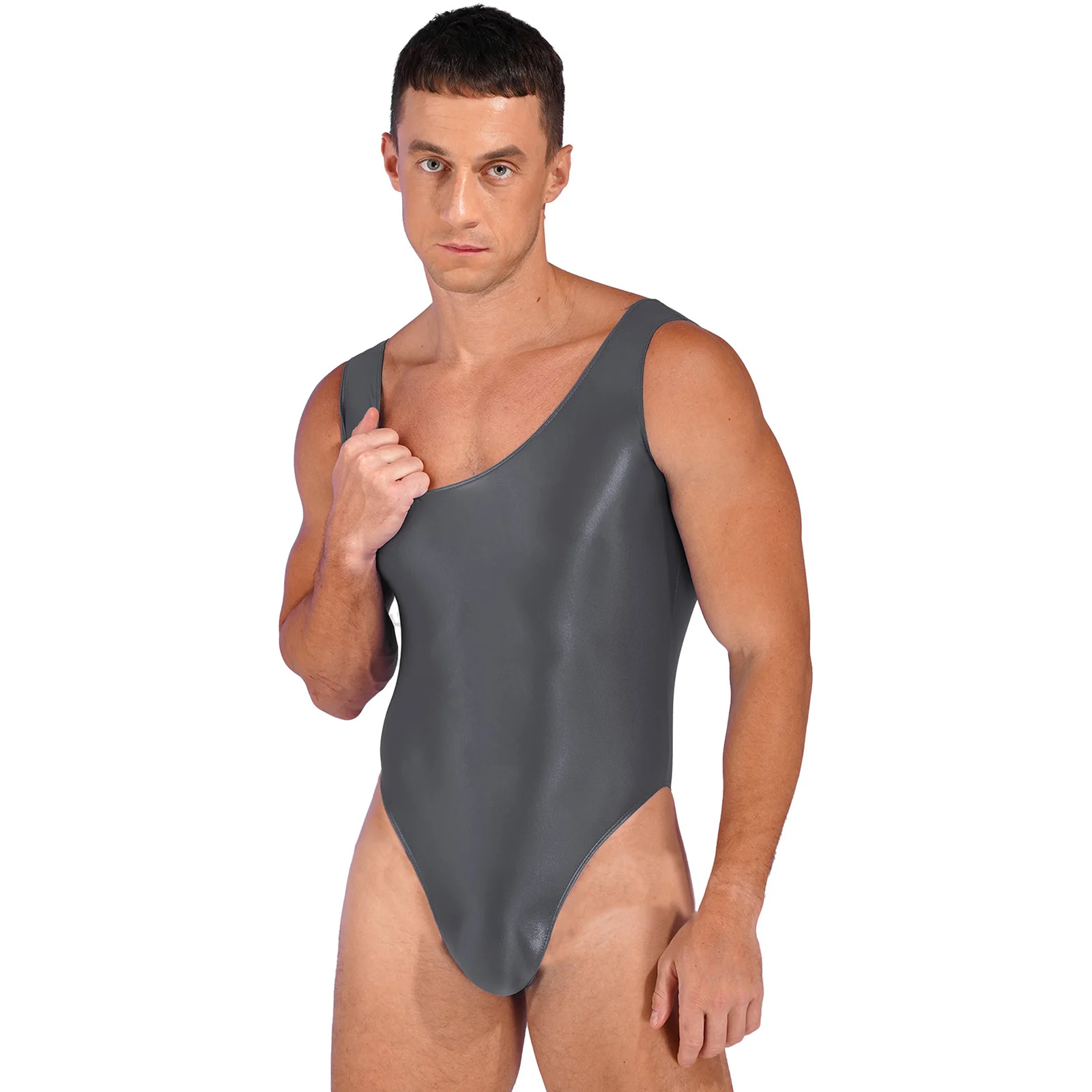 Mens Sleeveless High Cut Glossy Bodysuit Swimwear Swimsuit Sports Workout Yoga Dance Gymnastics Leotard Pool Beach Bathing Suit thumbnail 3