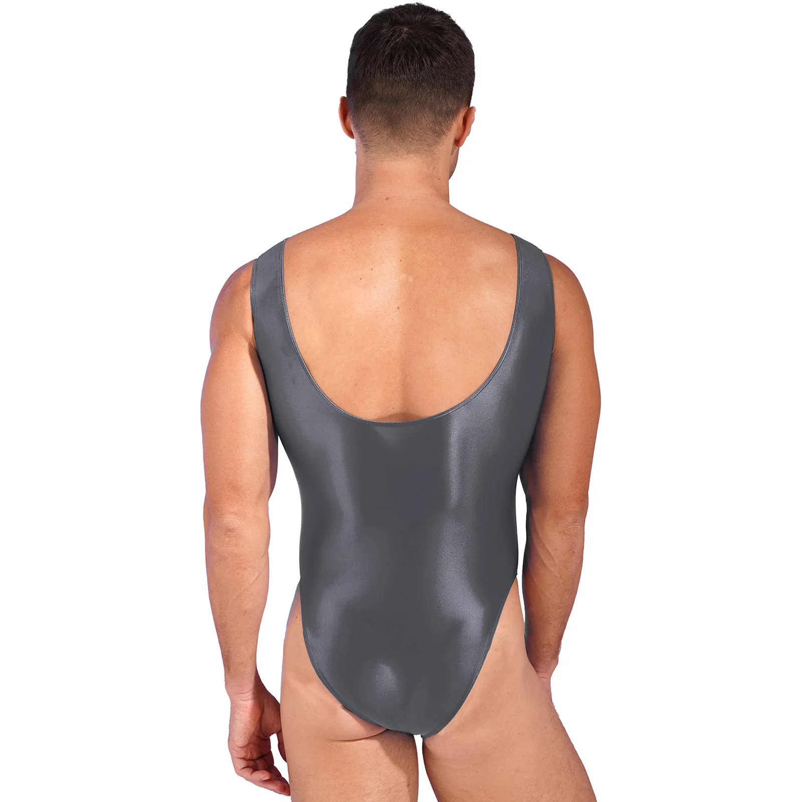 Mens Sleeveless High Cut Glossy Bodysuit Swimwear Swimsuit Sports Workout Yoga Dance Gymnastics Leotard Pool Beach Bathing Suit thumbnail 4