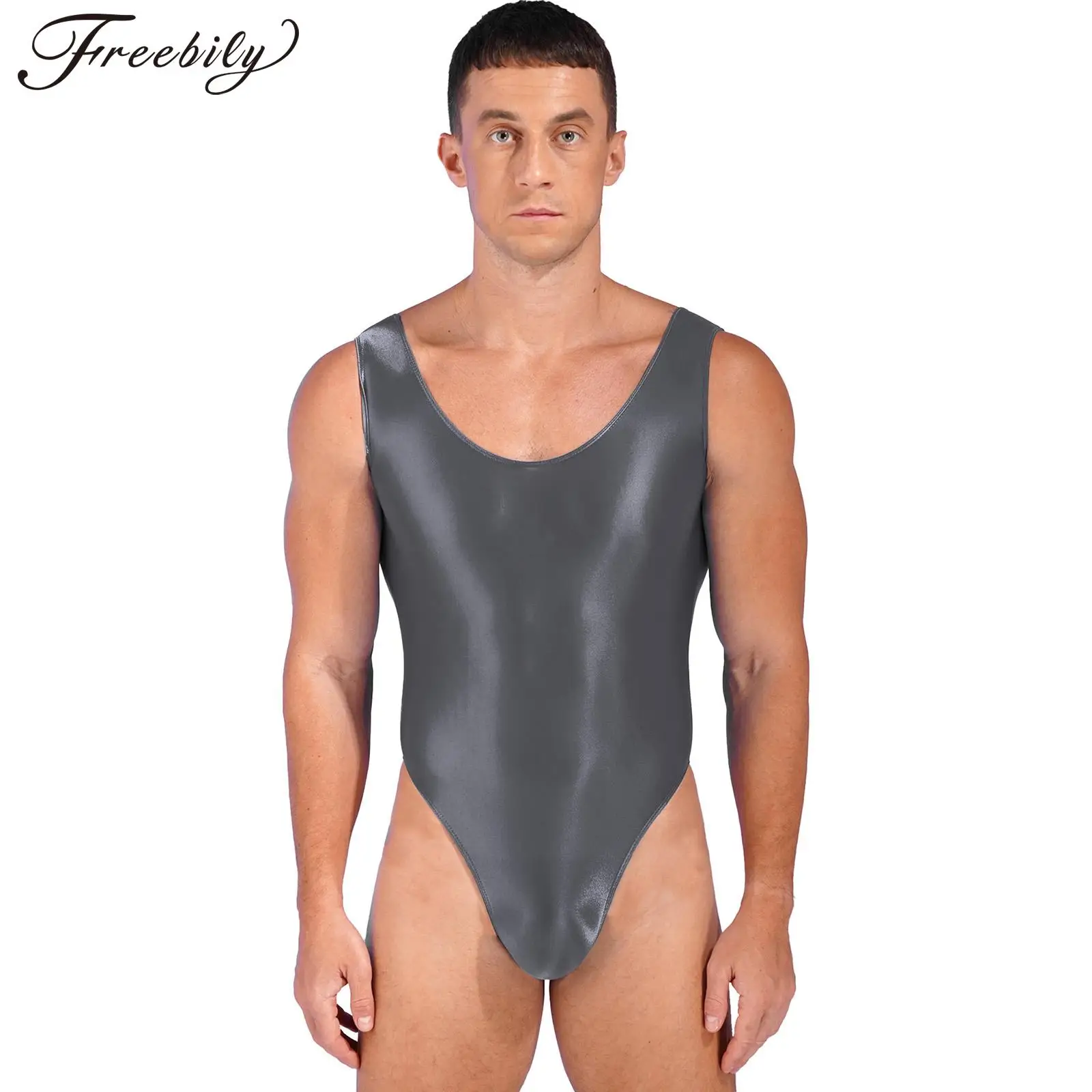 Mens Sleeveless High Cut Glossy Bodysuit Swimwear Swimsuit Sports Workout Yoga Dance Gymnastics Leotard Pool Beach Bathing Suit