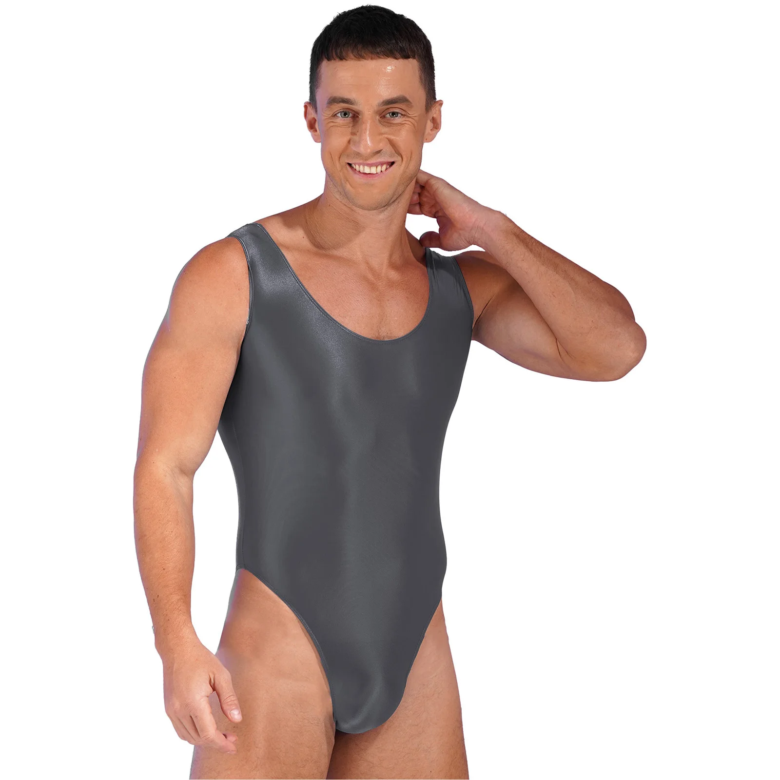 Mens Sleeveless High Cut Glossy Bodysuit Swimwear Swimsuit Sports Workout Yoga Dance Gymnastics Leotard Pool Beach Bathing Suit thumbnail 2
