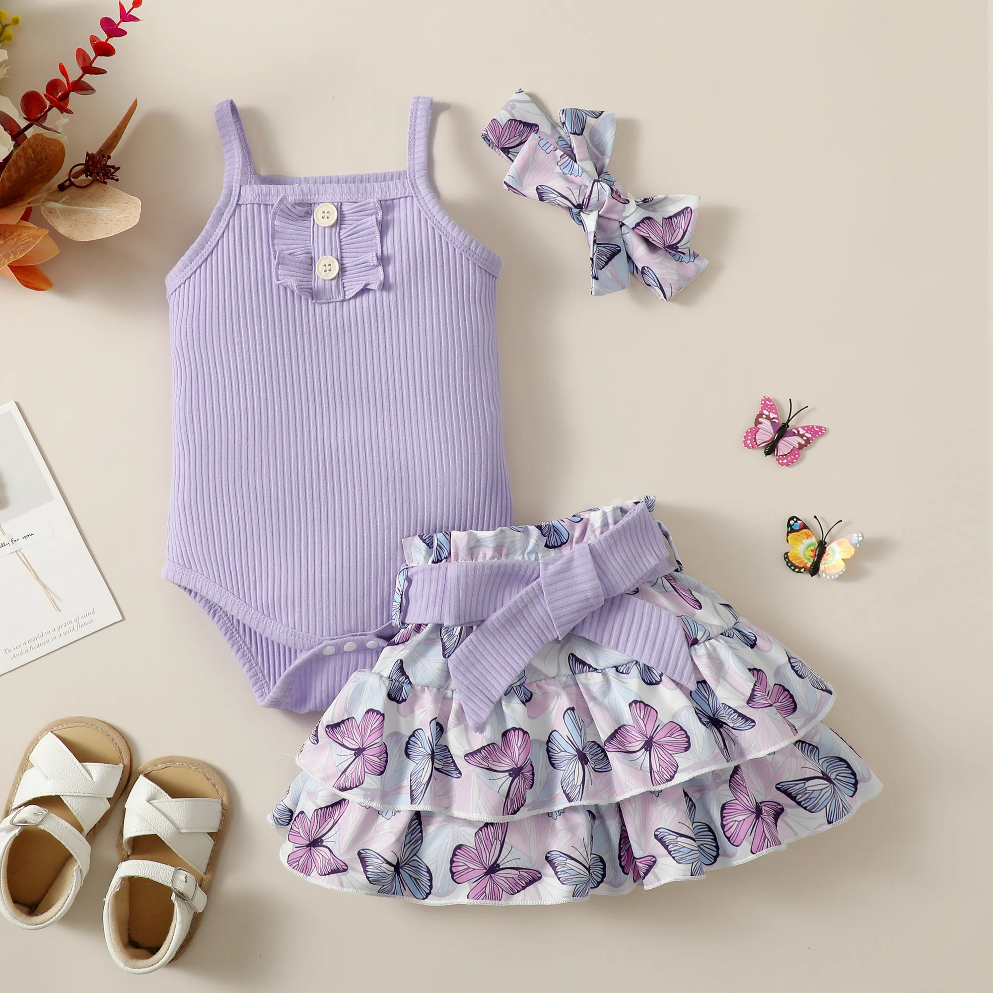 0-2 Year Old Newborn Baby Girls Summer Sleeveless Suspender Jumpsuit With Floral Print Short Skirt Cute Fashion Toddler Set thumbnail 3